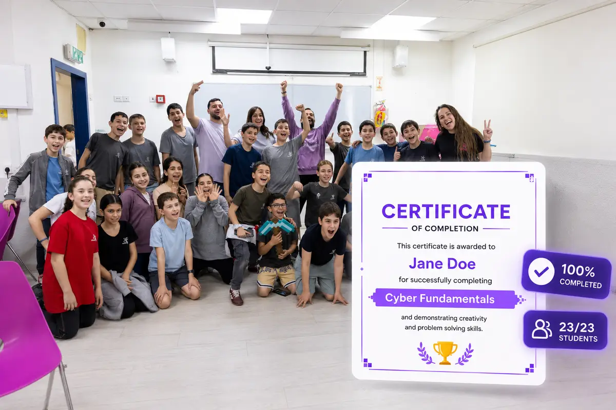 A cheering class celebrating together, with an Arcademy certificate of completion showing 100% completed by all 23 students