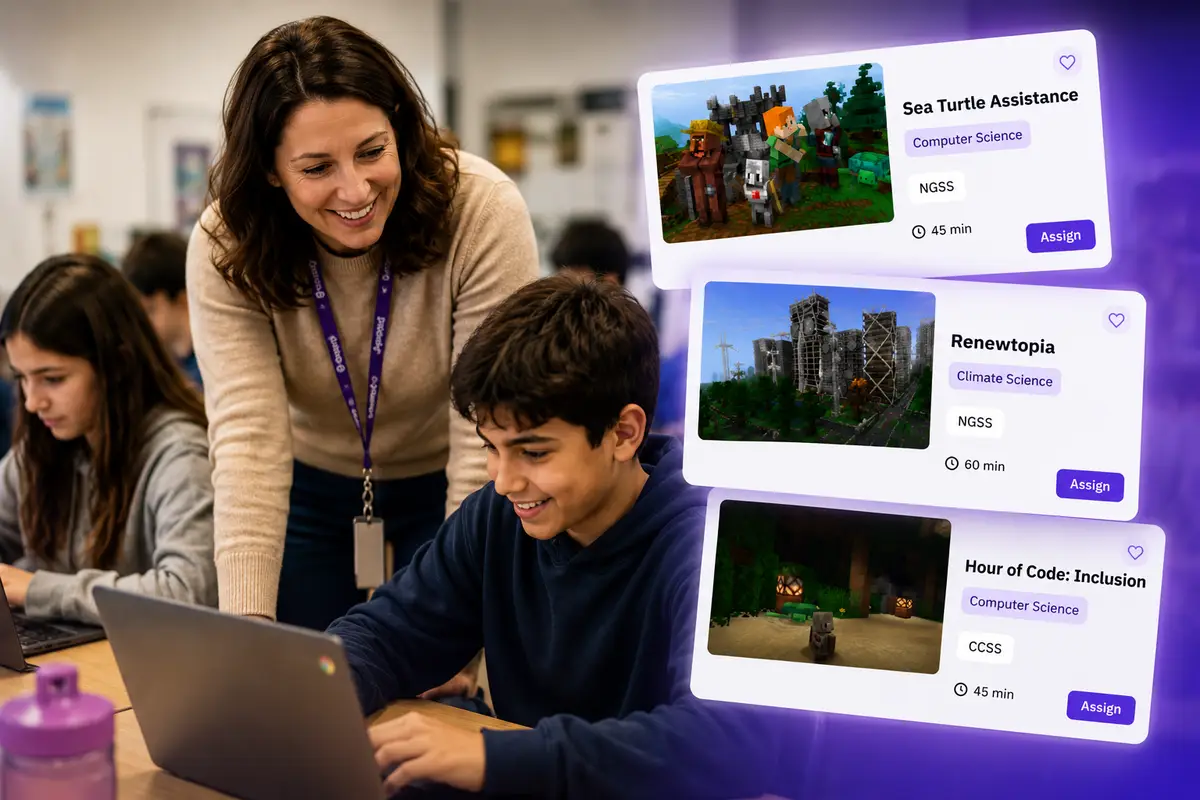A teacher and student picking a Minecraft lesson together, with ready-to-assign lesson cards from the Arcademy library